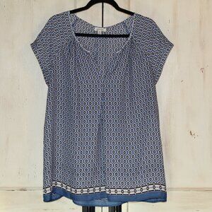 -Max‎ Studio blue black and white short sleeve v-neck flowy style blouse XL
